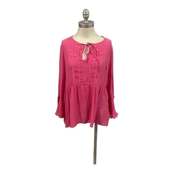 Counterparts Feminine Pink Large L Blouse Key Hole Lace Tie Long Bell Sleeves - Picture 2 of 5